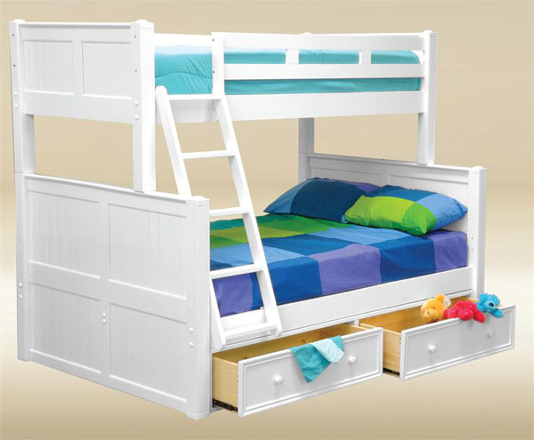 Twin over Full Bunk Bed in White with Drawers
