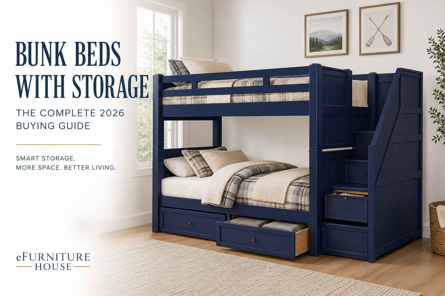 Navy blue bunk bed with storage stairs and drawers in a modern bedroom