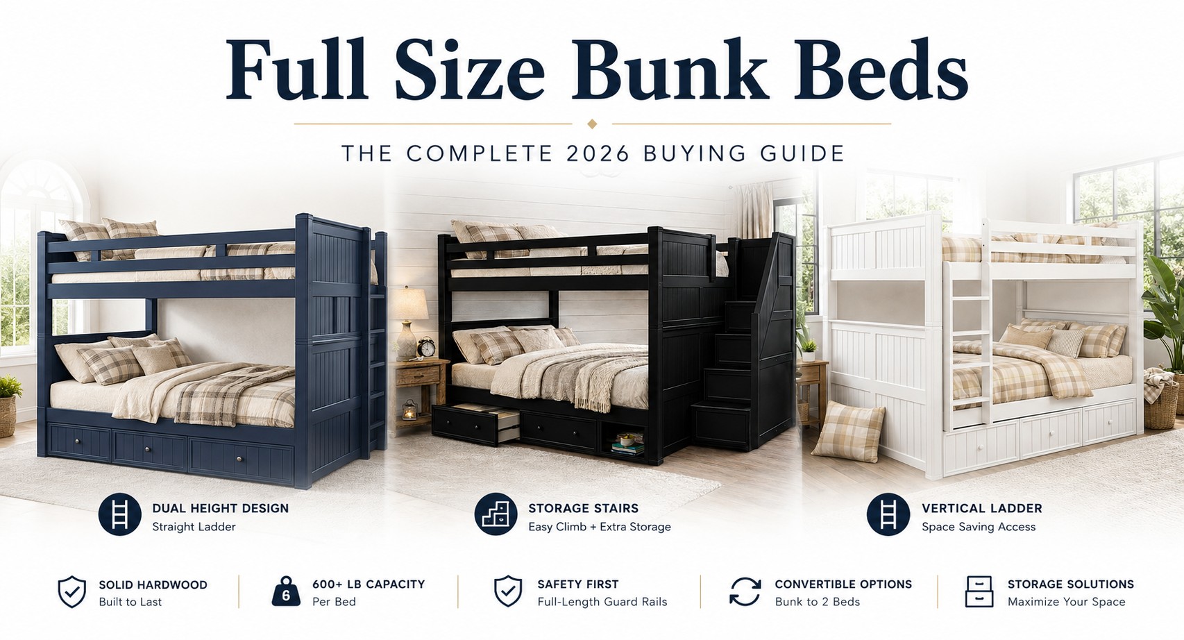 Full size bunk beds buying guide Full size bunk beds buying guide featuring Dillon full over full bunk beds with dual-height ladder, storage stairs, and vertical ladder.