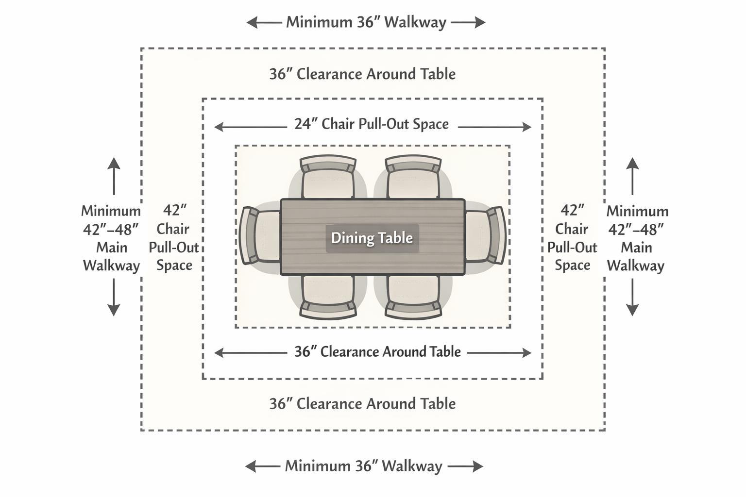 Dining table layout showing 36 inch clearance and seating arrangement