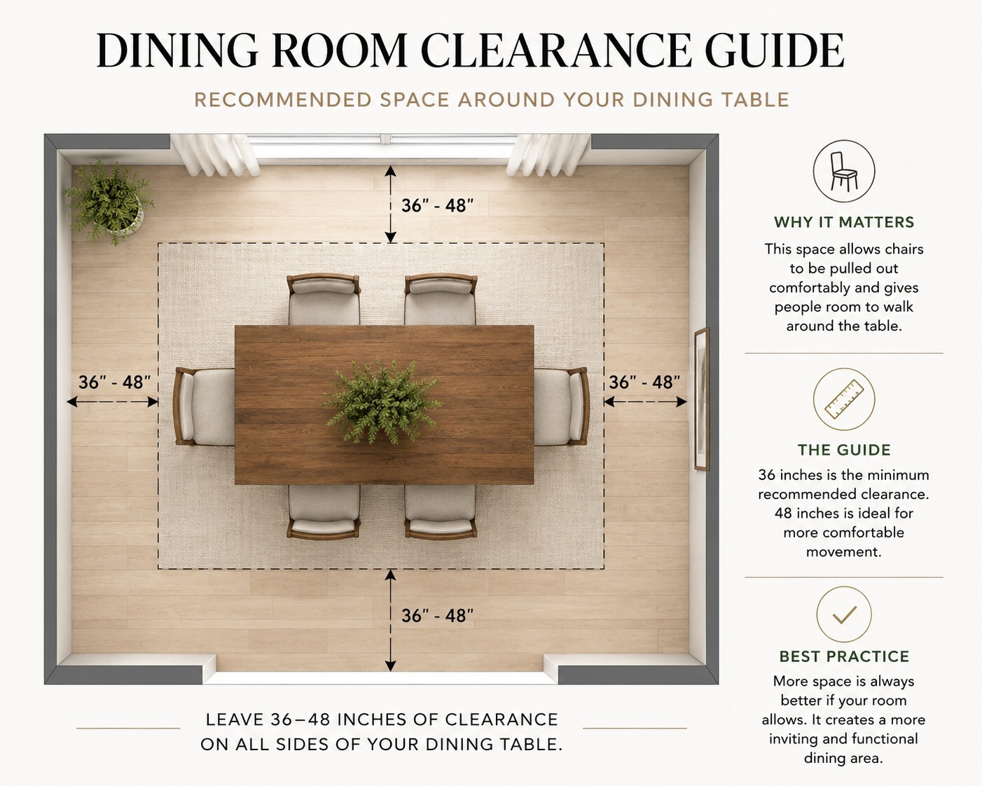 leave enoght space around the dining table Dining room clearance diagram showing 36 to 48 inches of recommended space around a dining table
