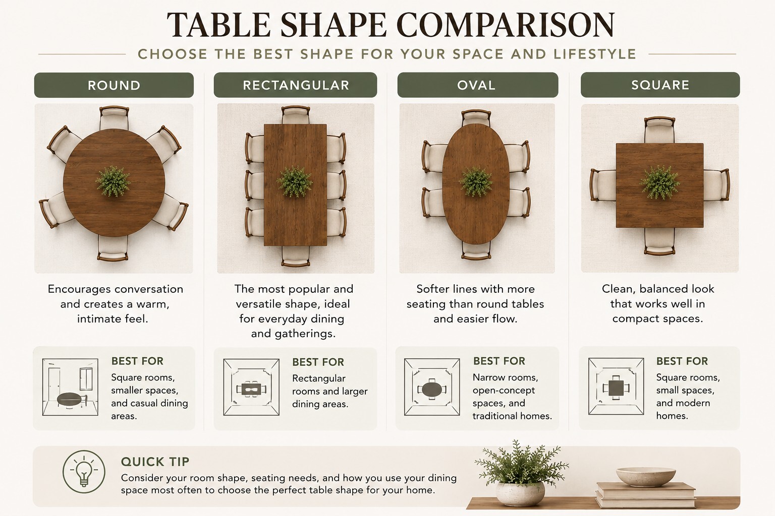 Dining table shape comparison Dining table shape comparison showing round, rectangular, oval, and square tables for different room layouts
