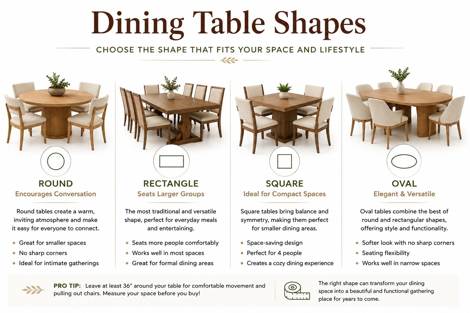 Dining table shapes comparison featuring round, rectangle, square, and oval wood dining tables.