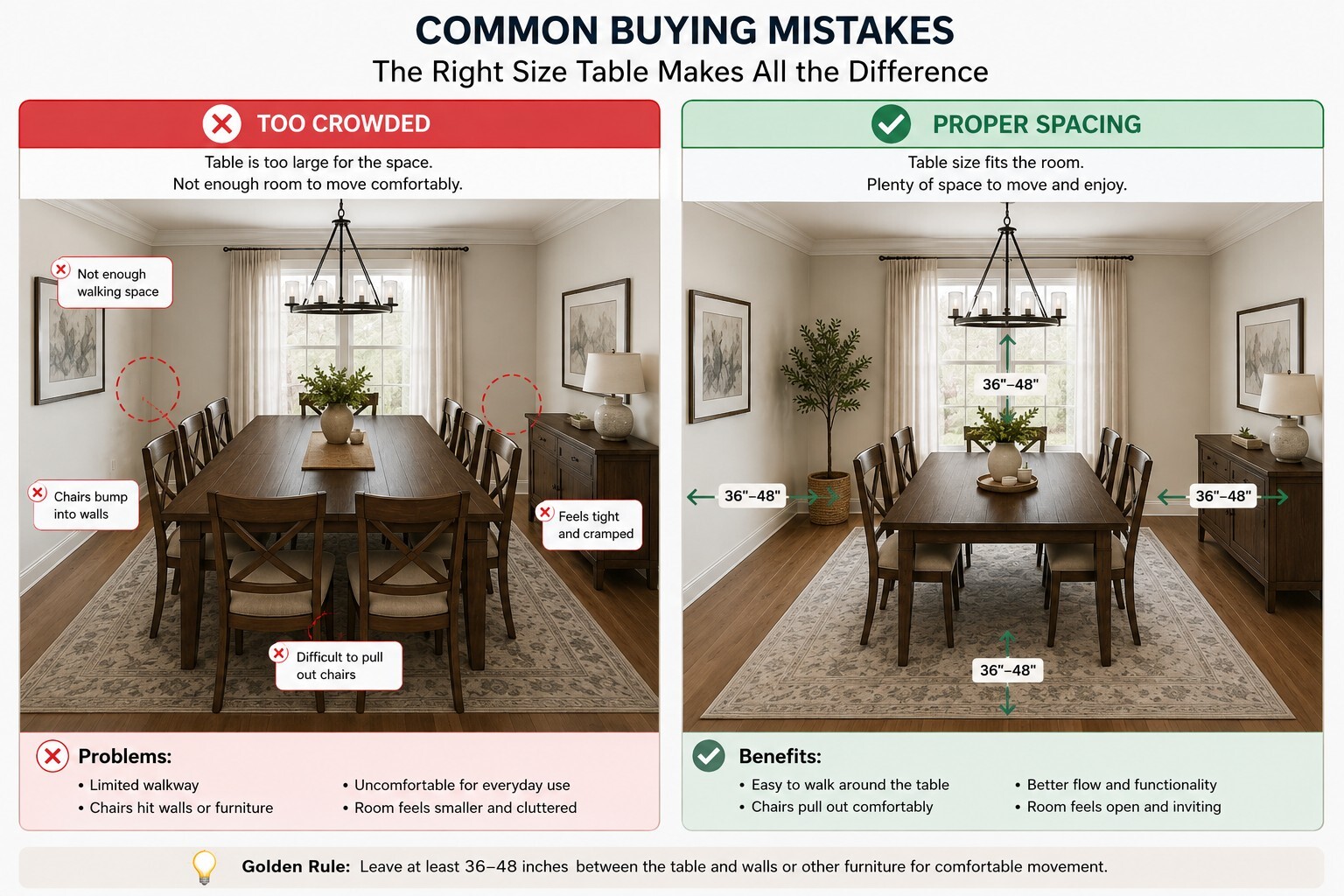 Dining room set up common mistakes Dining table size comparison showing a crowded room versus proper 36 to 48 inch spacing