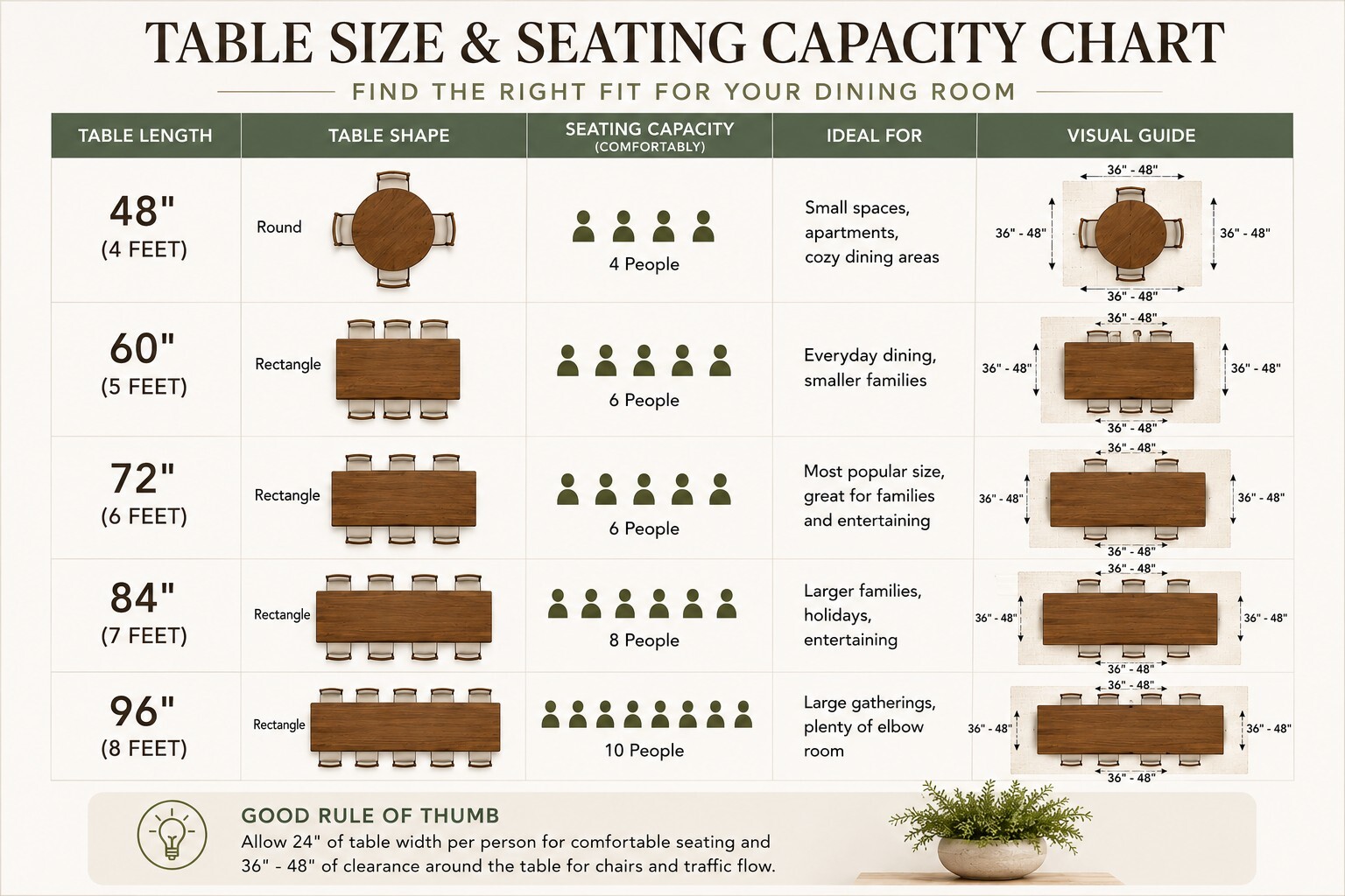Dining table size and seating capacity Dining table size and seating capacity chart for 48, 60, 72, 84, and 96 inch tables