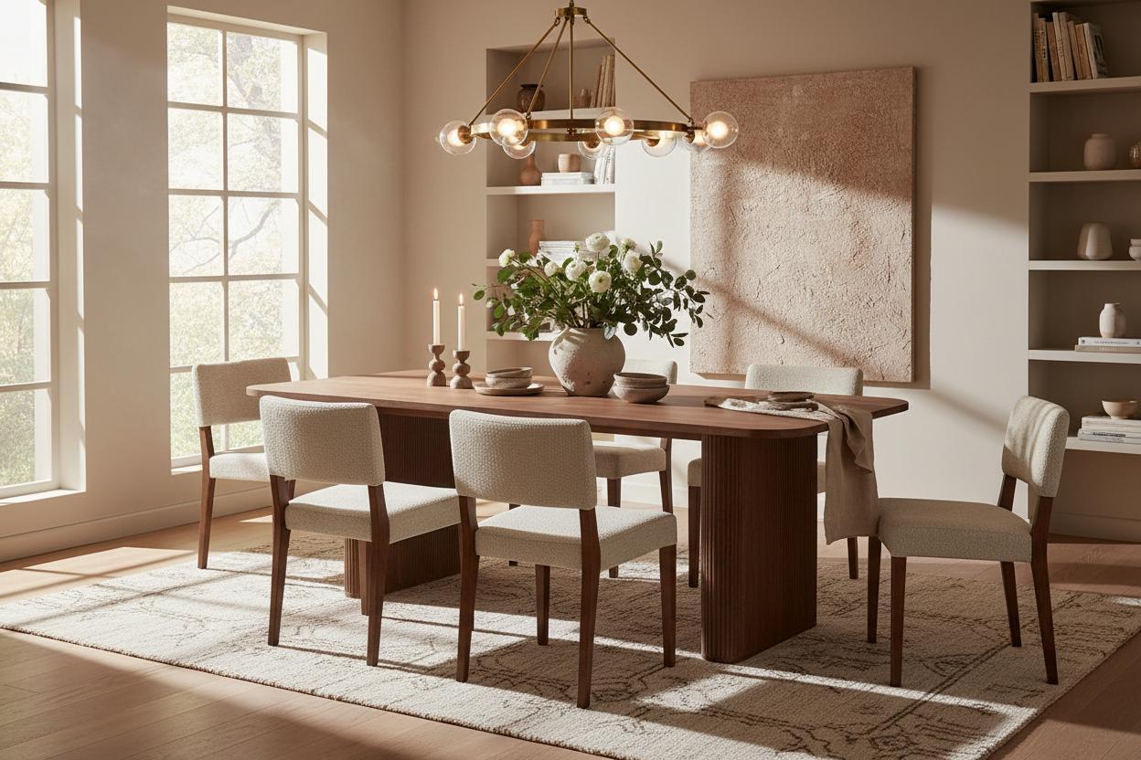 Wood extendable dining table in a warm contemporary dining room Wood extendable dining table in a warm contemporary dining room