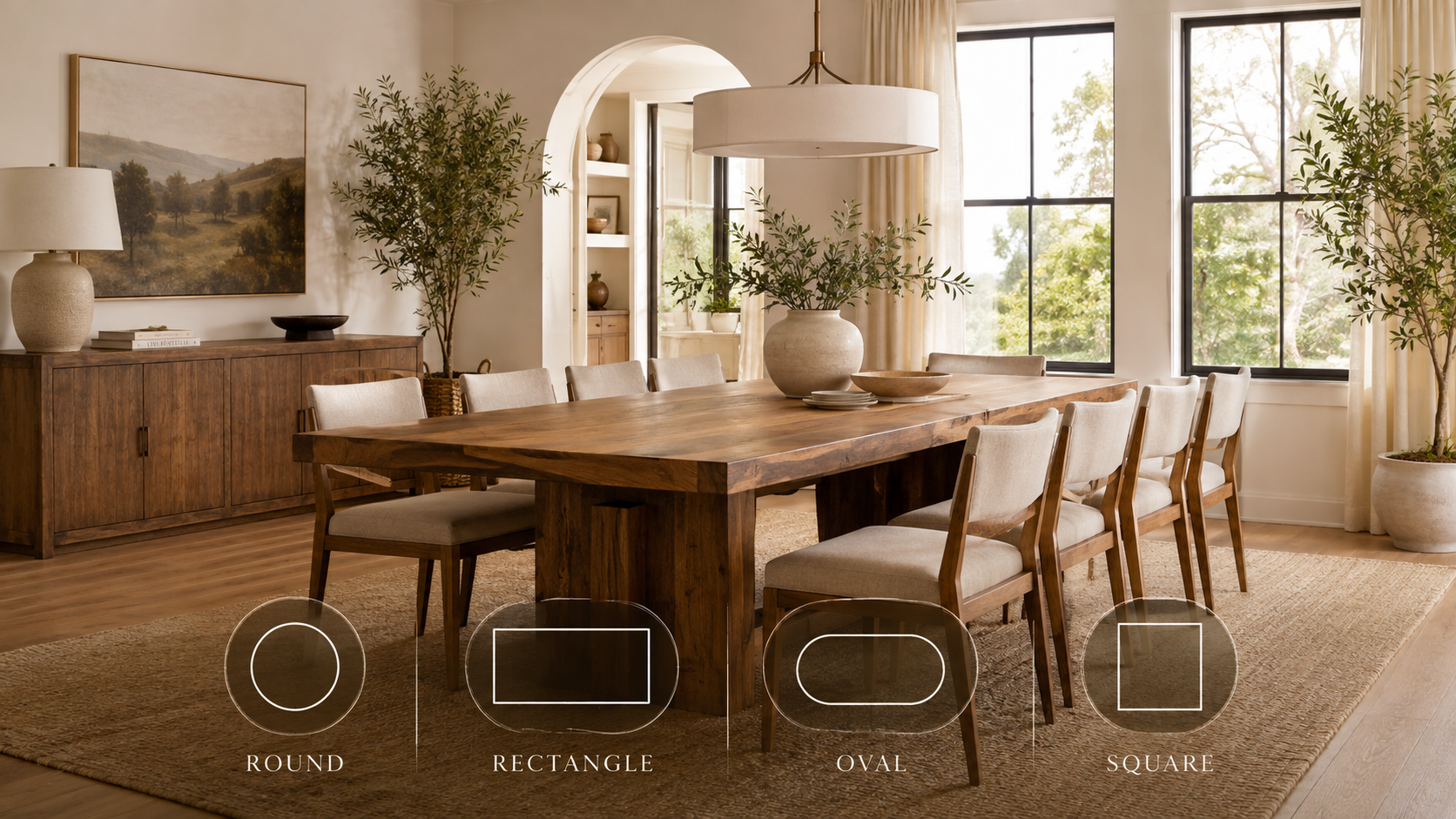 how to choose the right dining table size Dining room showing round, rectangular, oval, and square dining table shapes
