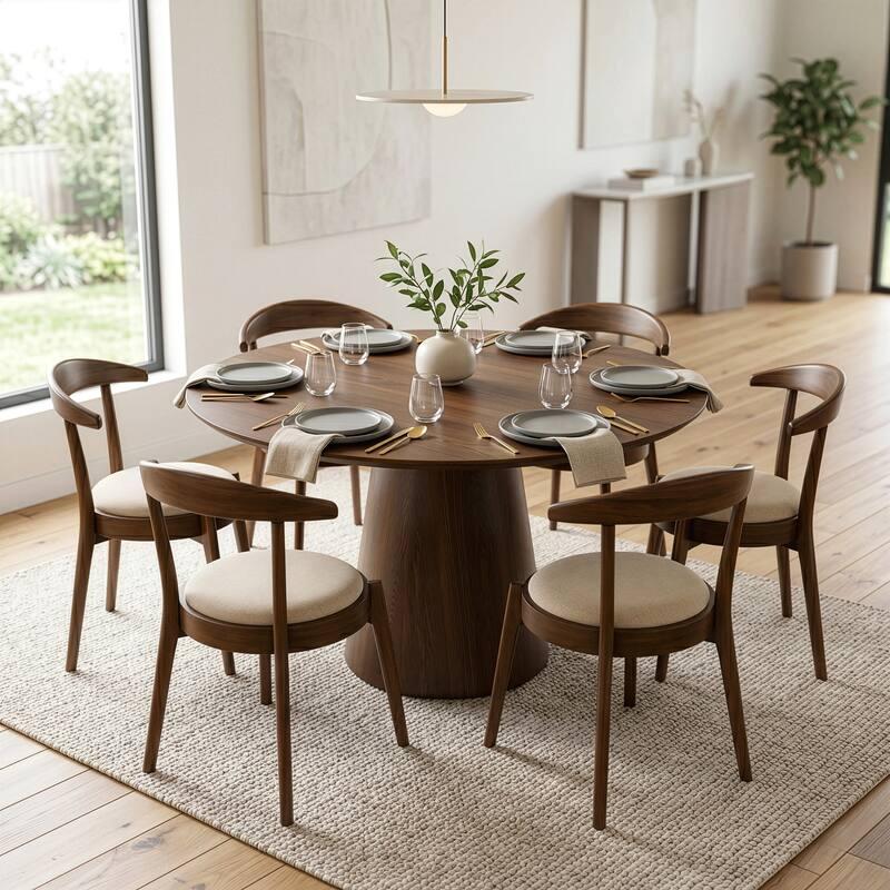 Round dining table with seating for six in a contemporary dining room