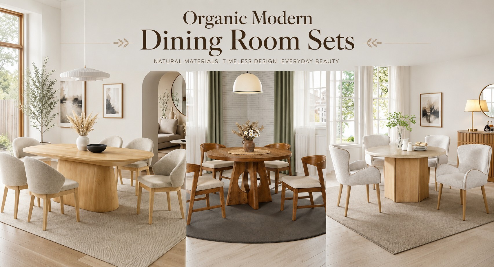 Organic modern dining room sets featuring oak, walnut and pedestal dining tables in bright contemporary interiors