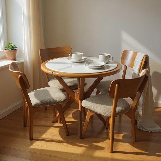 Round dining table with four chairs in a small dining space