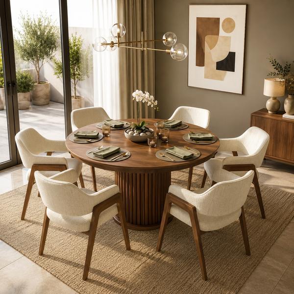 Round pedestal dining table with chairs arranged around the table
