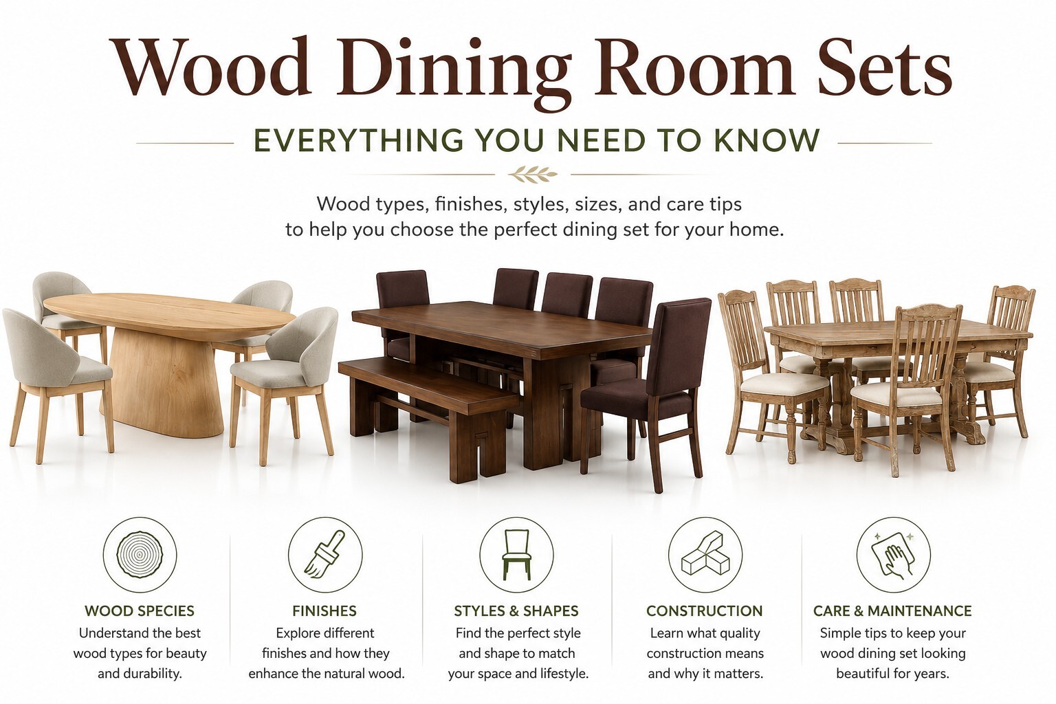 Wood dining room sets guide featuring Organic Modern, walnut contemporary, and farmhouse dining sets.