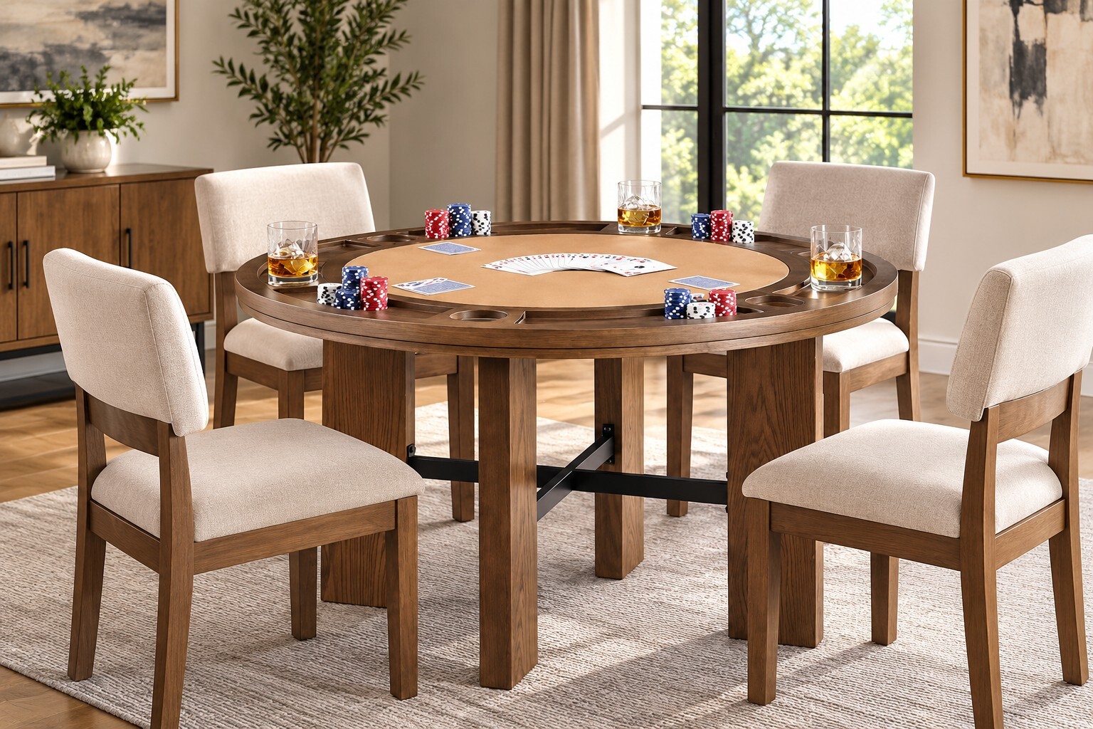 Round game room table with poker playing surface and upholstered chairs