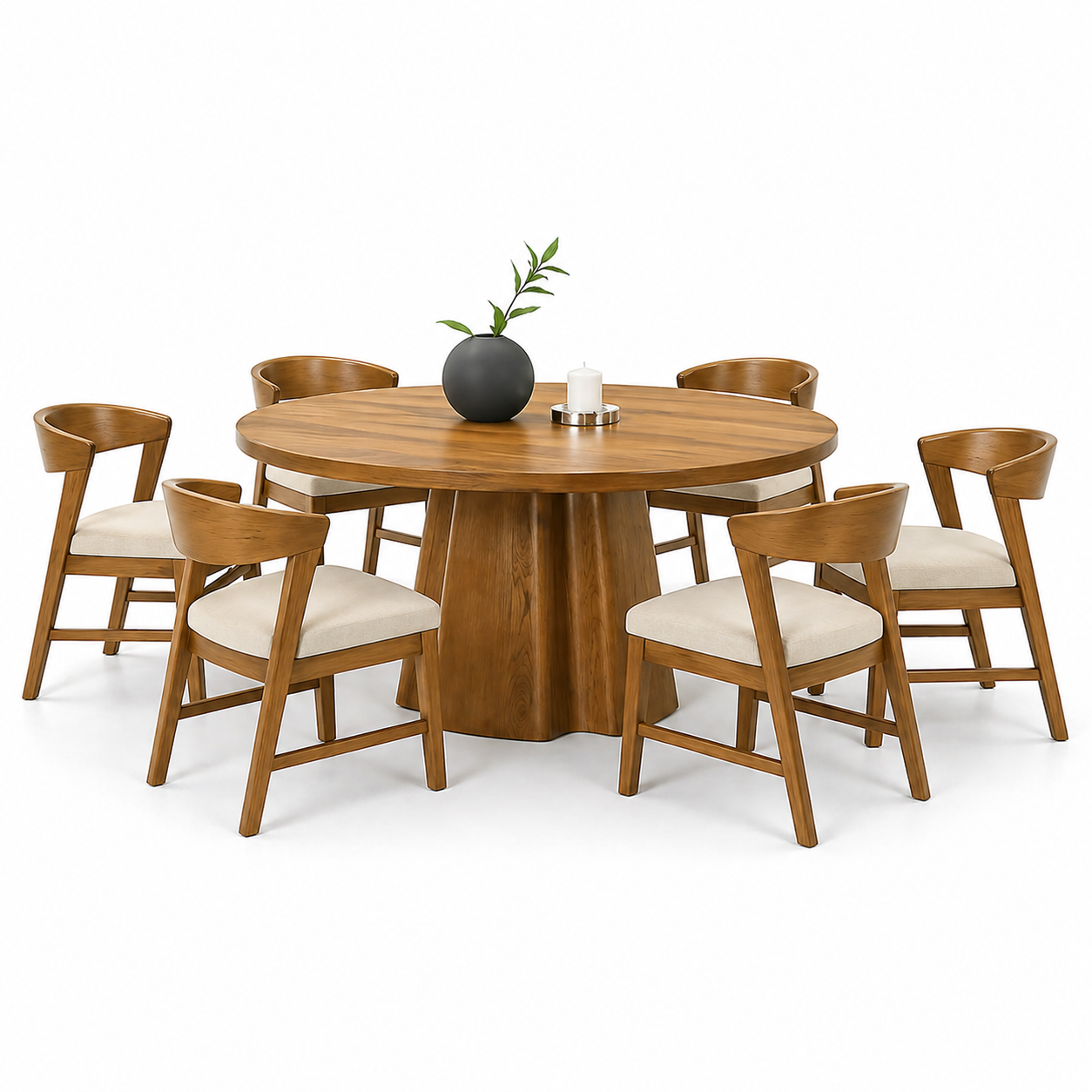 Modern round dining room set with walnut finish with 6 chairs