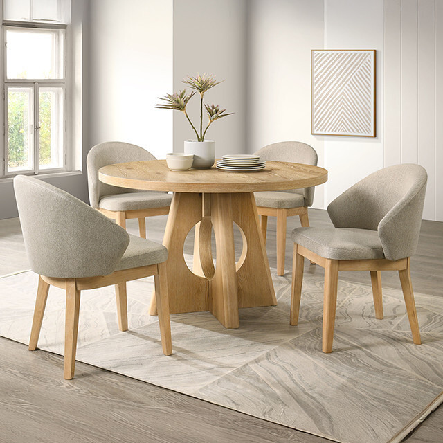 Round Oak Dining Table Set for 4 with Modern Pedestal Base