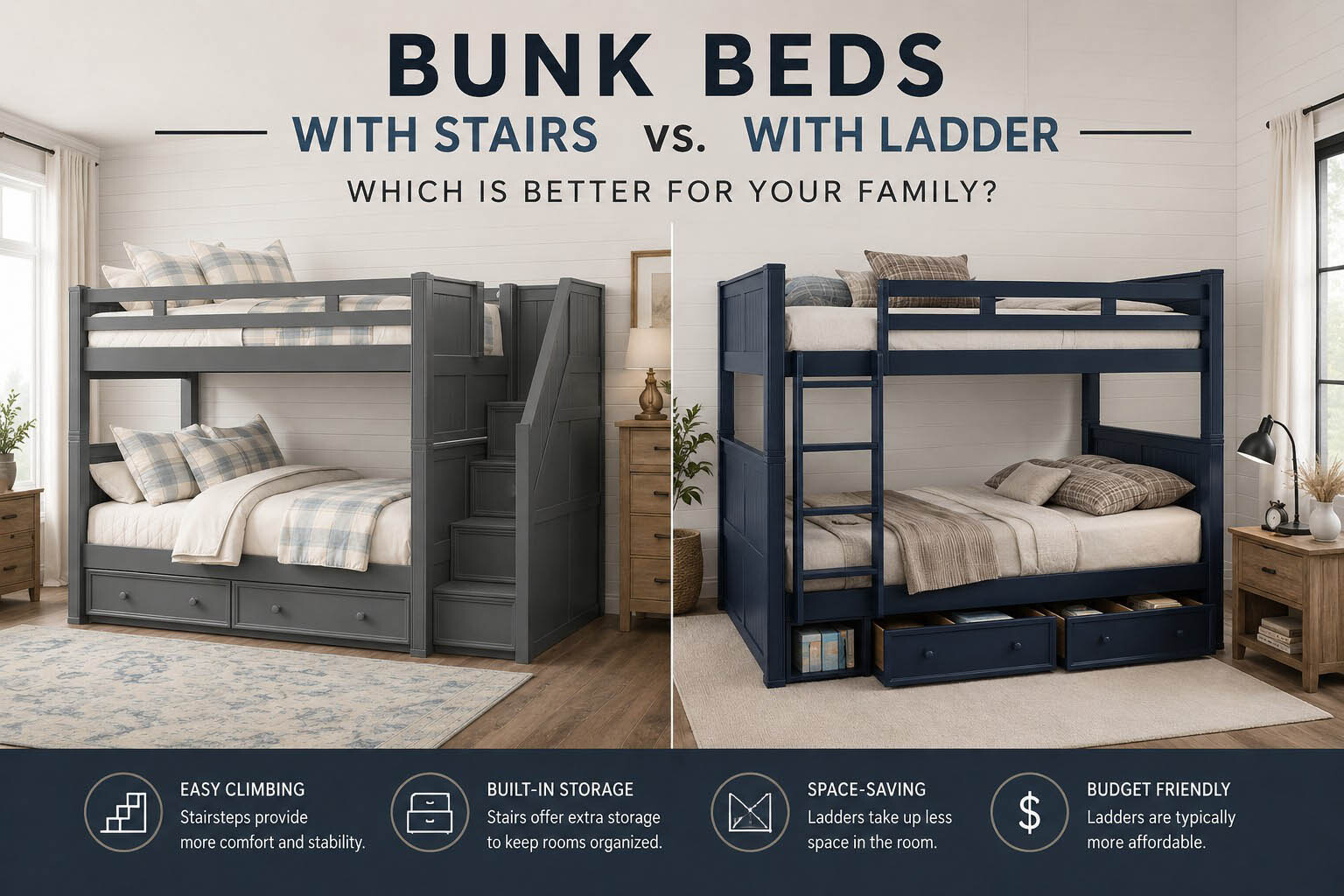 Hero image for 2 Dillon bunk beds, one with stairs, other with ladder