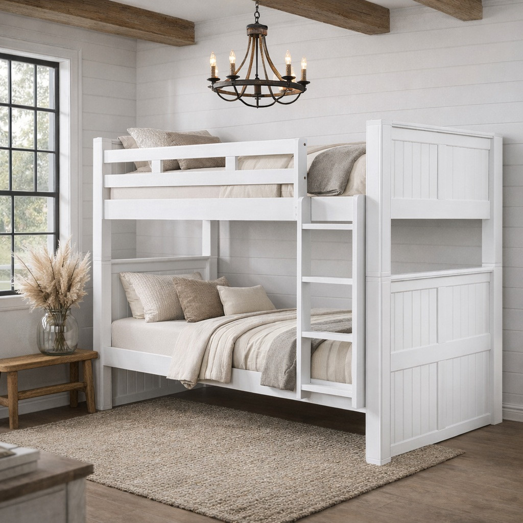 Twin over twin bunk bed in white with storage
