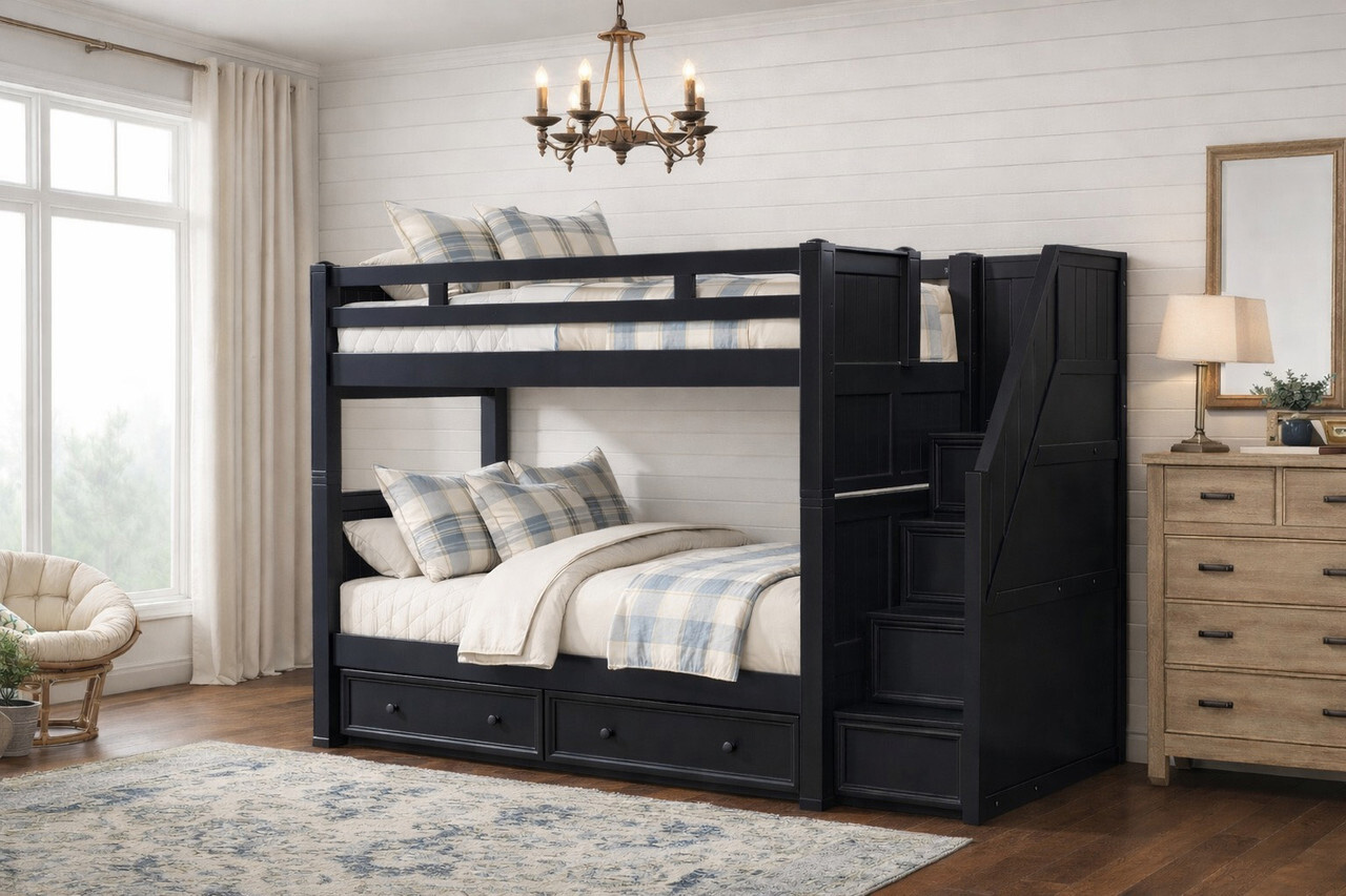Dillon Black wood bunk bed with storage stairs