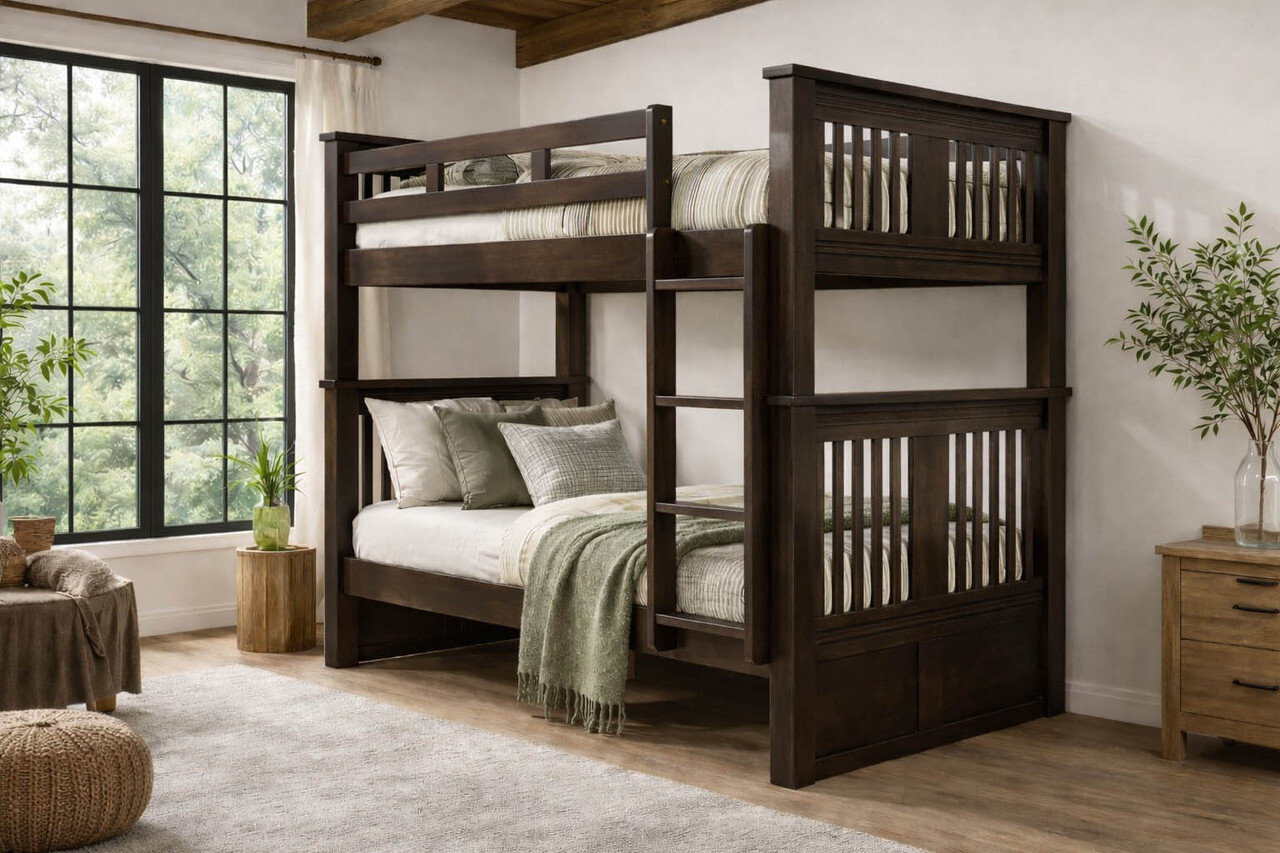 Twin bunk bed for small bedroom layout in espresso