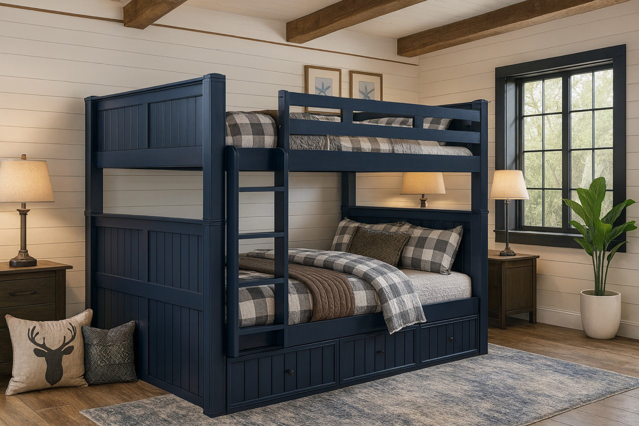 Queen over queen bunk bed in blue for vacation homes