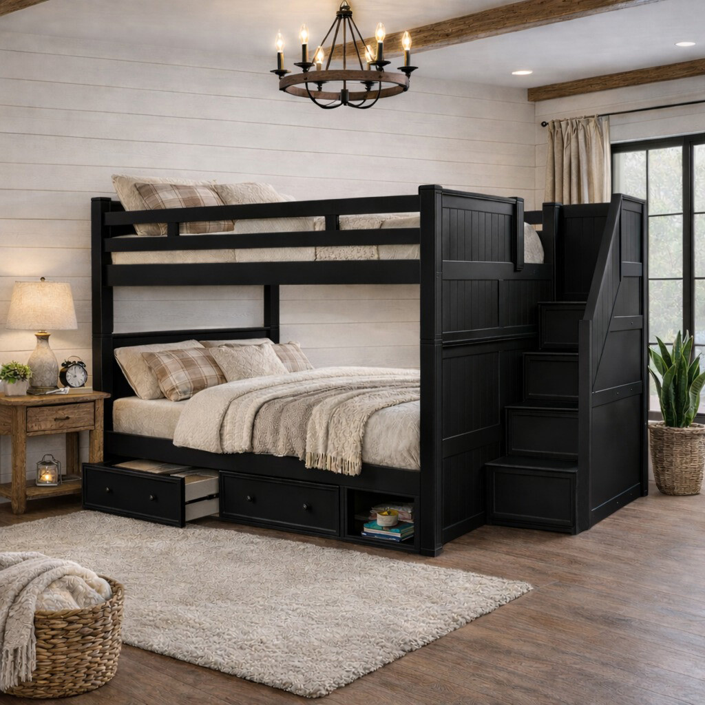 Dillon full over full bunk beds in black with stairs Dillon full over full bunk bed in black with storage stairs