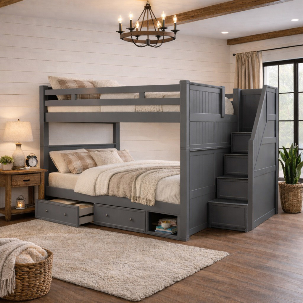 Dillon queen over queen bunk bed with storage stairs in gray