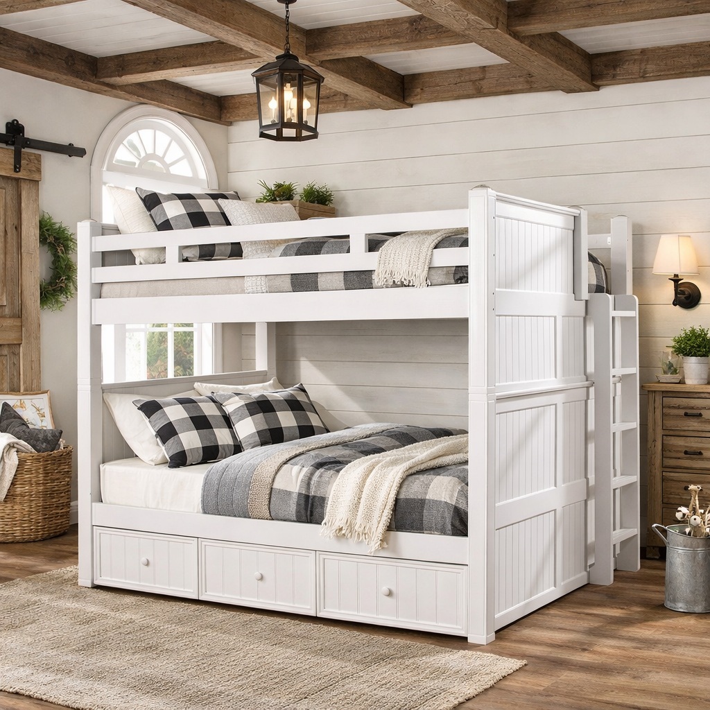 Dillon queen over queen bunk bed dual height with side ladder in white