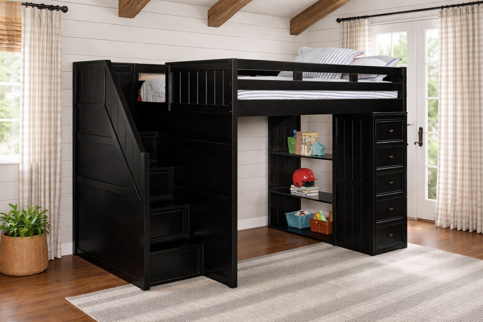 Full size loft bed with stairs and storage in black