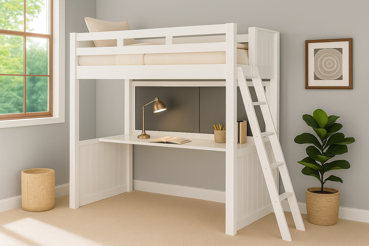 Twin size loft bed with desk in white