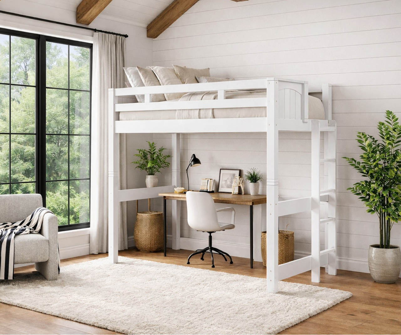Dillon twin xl loft bed in white with end ladder