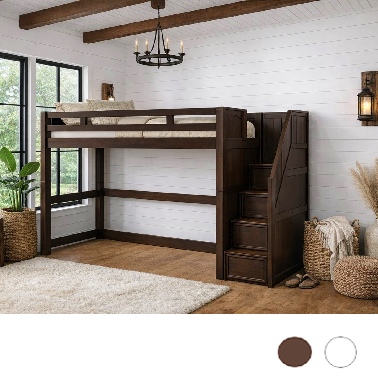Twin xl loft bed with storage stairs in white