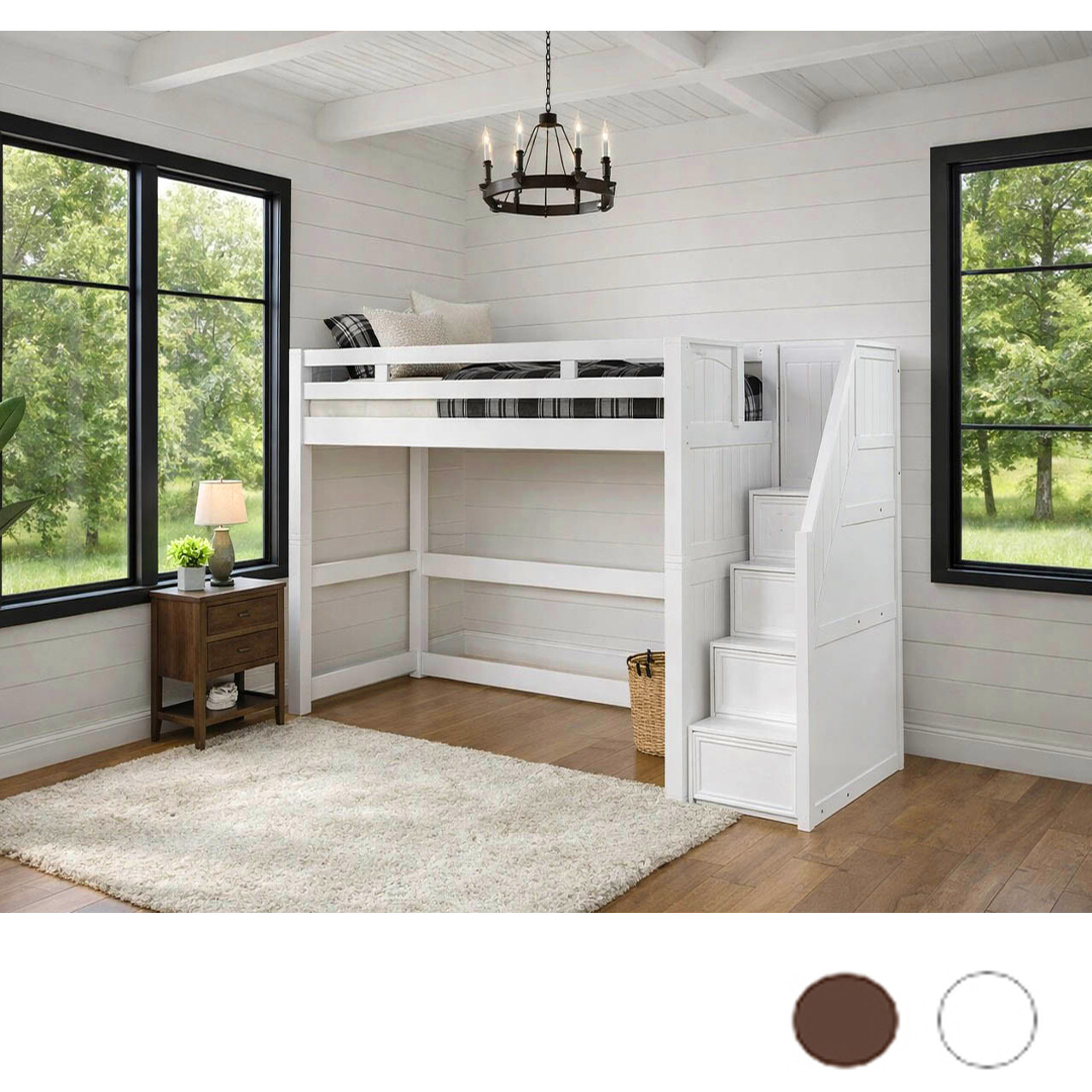 Twin loft bed with storage stairs in white