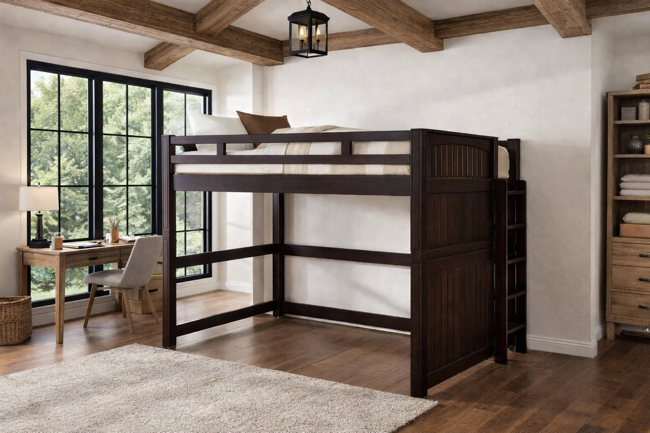 Loft bed maximizing space in small room in espresso and side ladder
