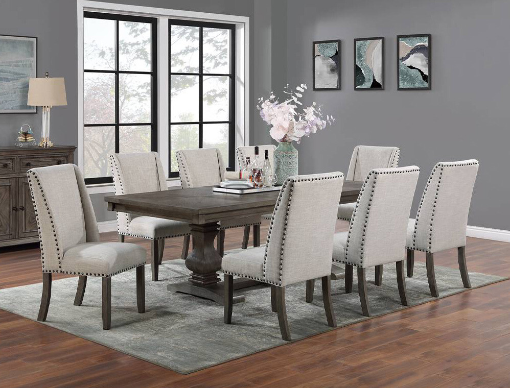 extendable dining table set 94-inch Camila Weathered Gray Oak Expandable 7 PC Dining Table Set