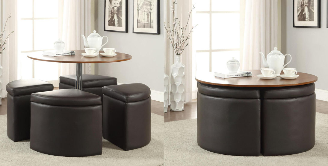 Dark Brown Round Coffee Table with Ottomans 
